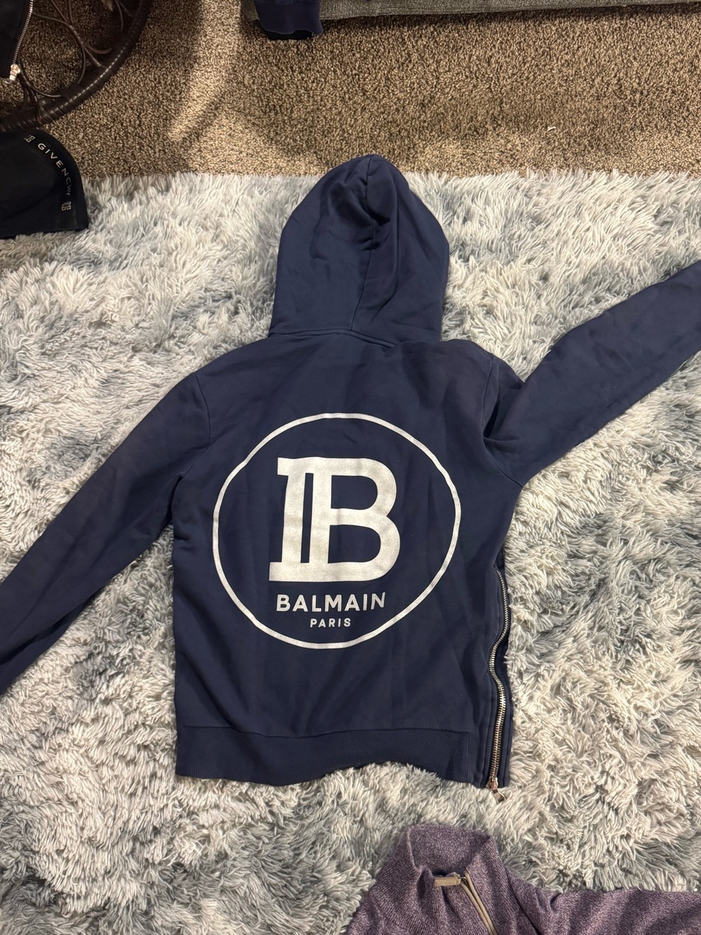 Balmain Navy Zip-Up Hoodie with White Logo